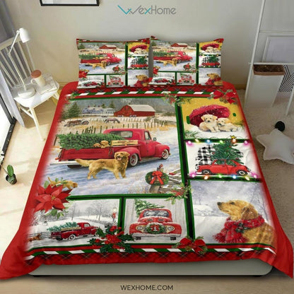 Golden Retriever Red Truck Christmas Quilt Bedding - Duvet Cover And Pillowcase Set - Unique Design Amazing Gift