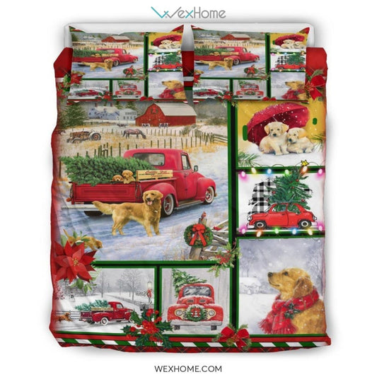 Golden Retriever Red Truck Christmas Quilt Bedding - Duvet Cover And Pillowcase Set - Unique Design Amazing Gift