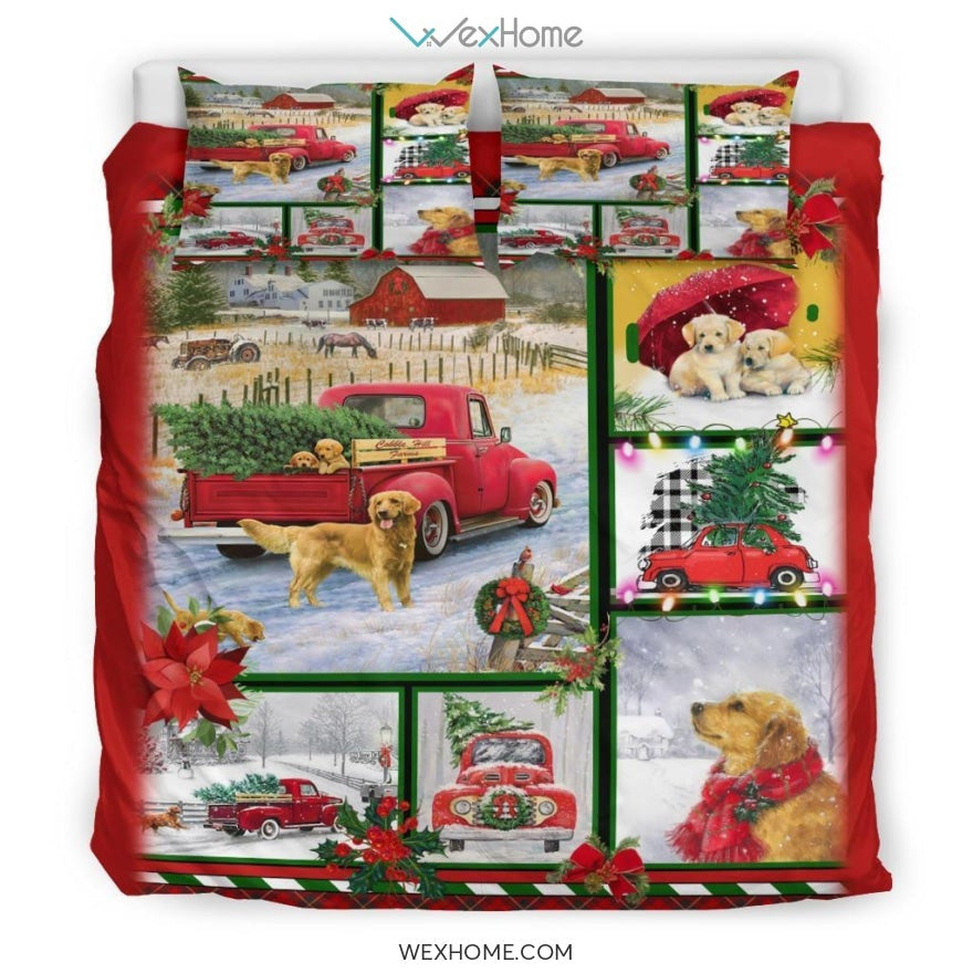 Golden Retriever Red Truck Christmas Quilt Bedding - Duvet Cover And Pillowcase Set - Unique Design Amazing Gift