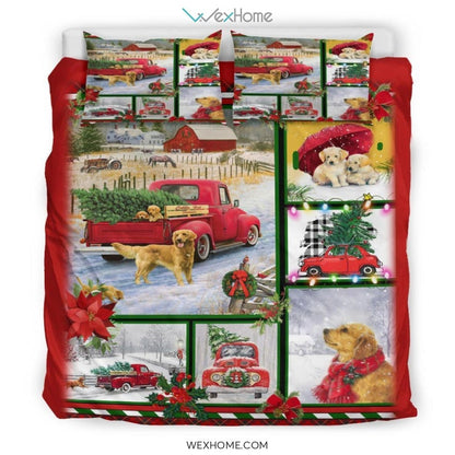 Golden Retriever Red Truck Christmas Quilt Bedding - Duvet Cover And Pillowcase Set - Unique Design Amazing Gift