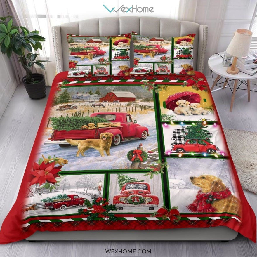Golden Retriever Red Truck Christmas Quilt Bedding - Duvet Cover And Pillowcase Set - Unique Design Amazing Gift