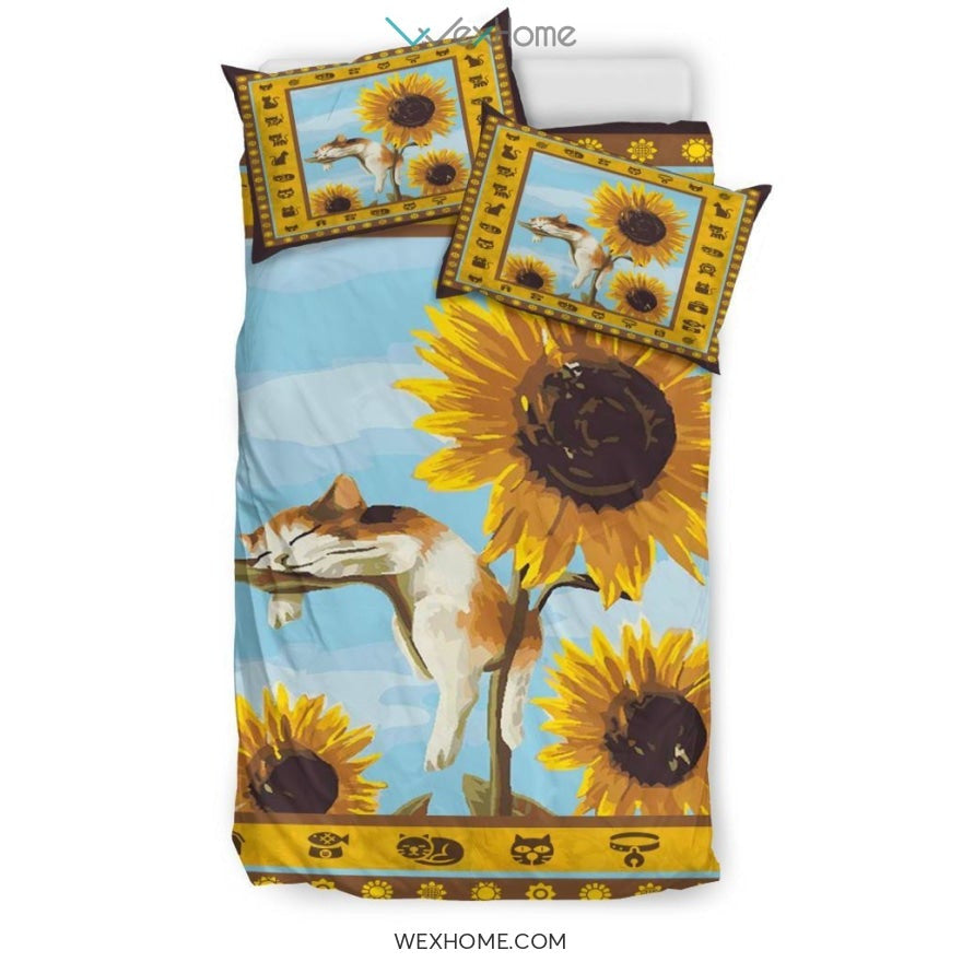 Sleeping Cat & Sunflower Bedding - Duvet Cover And Pillowcase Set - Unique Design Amazing Gift