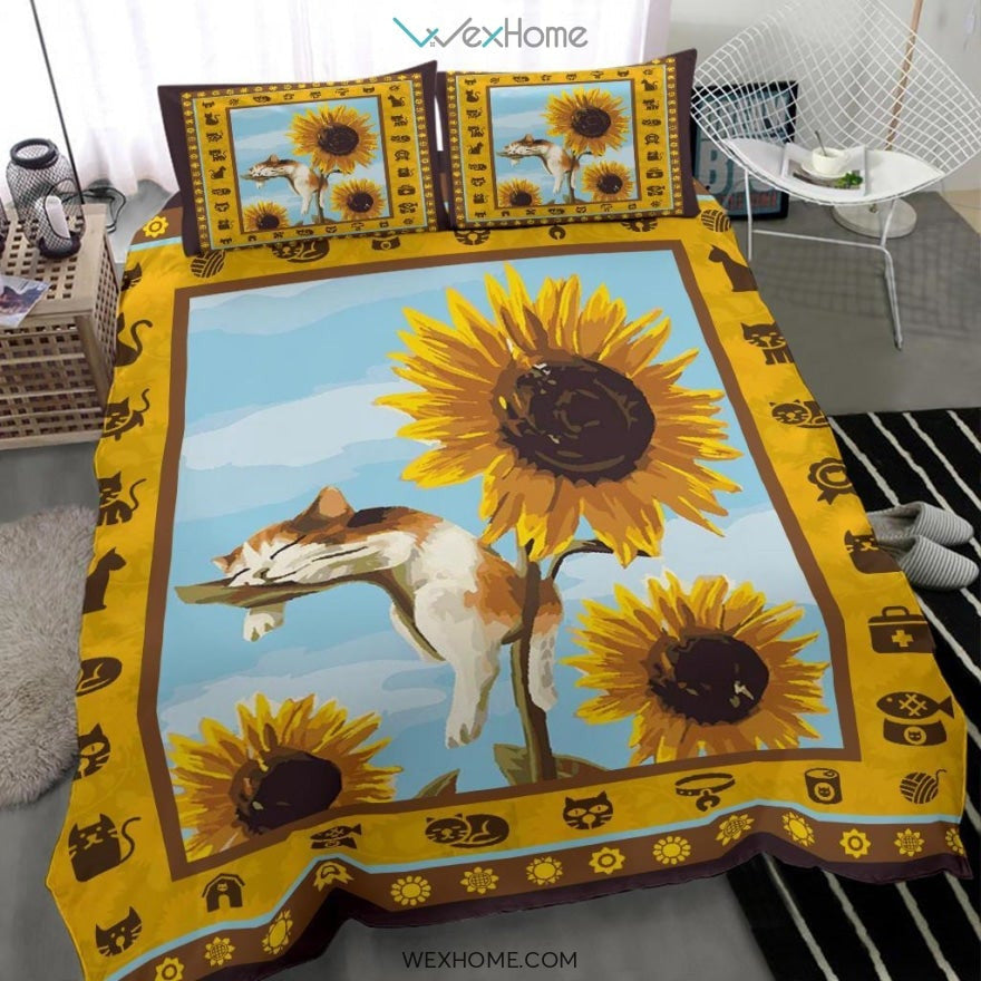 Sleeping Cat & Sunflower Bedding - Duvet Cover And Pillowcase Set - Unique Design Amazing Gift