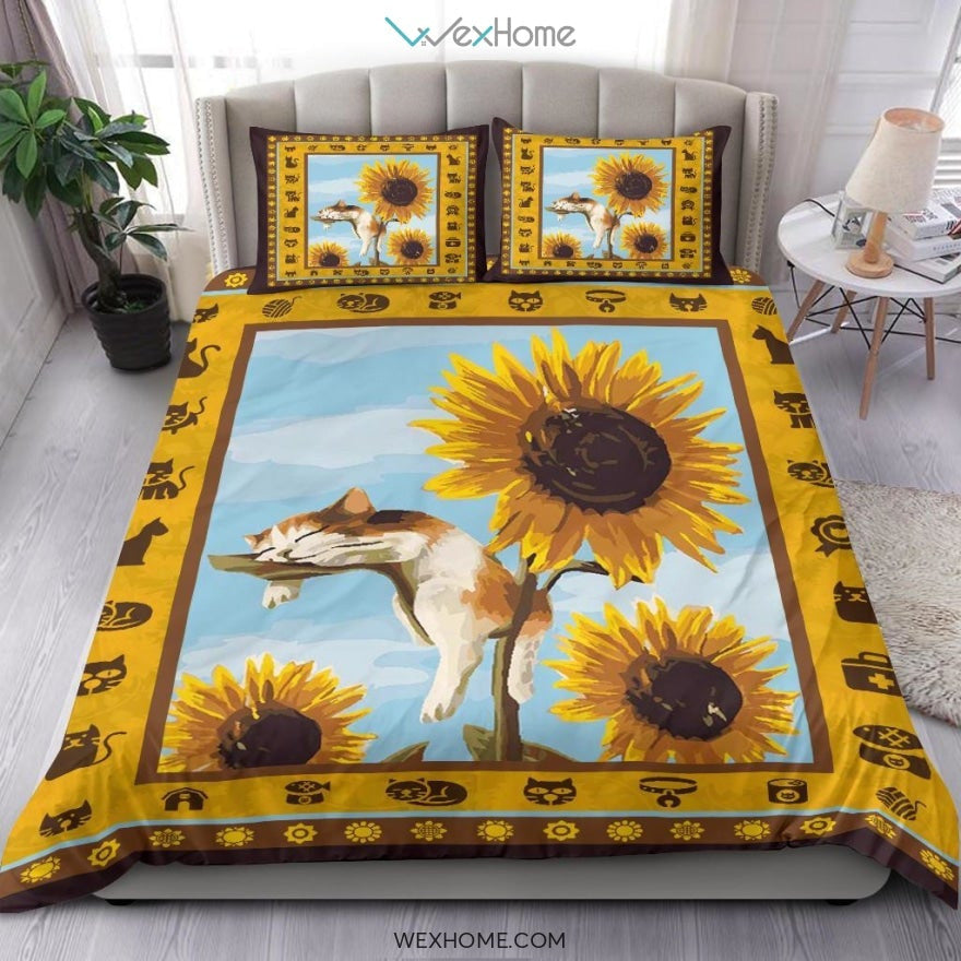 Sleeping Cat & Sunflower Bedding - Duvet Cover And Pillowcase Set - Unique Design Amazing Gift