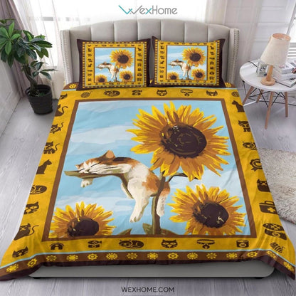 Sleeping Cat & Sunflower Bedding - Duvet Cover And Pillowcase Set - Unique Design Amazing Gift