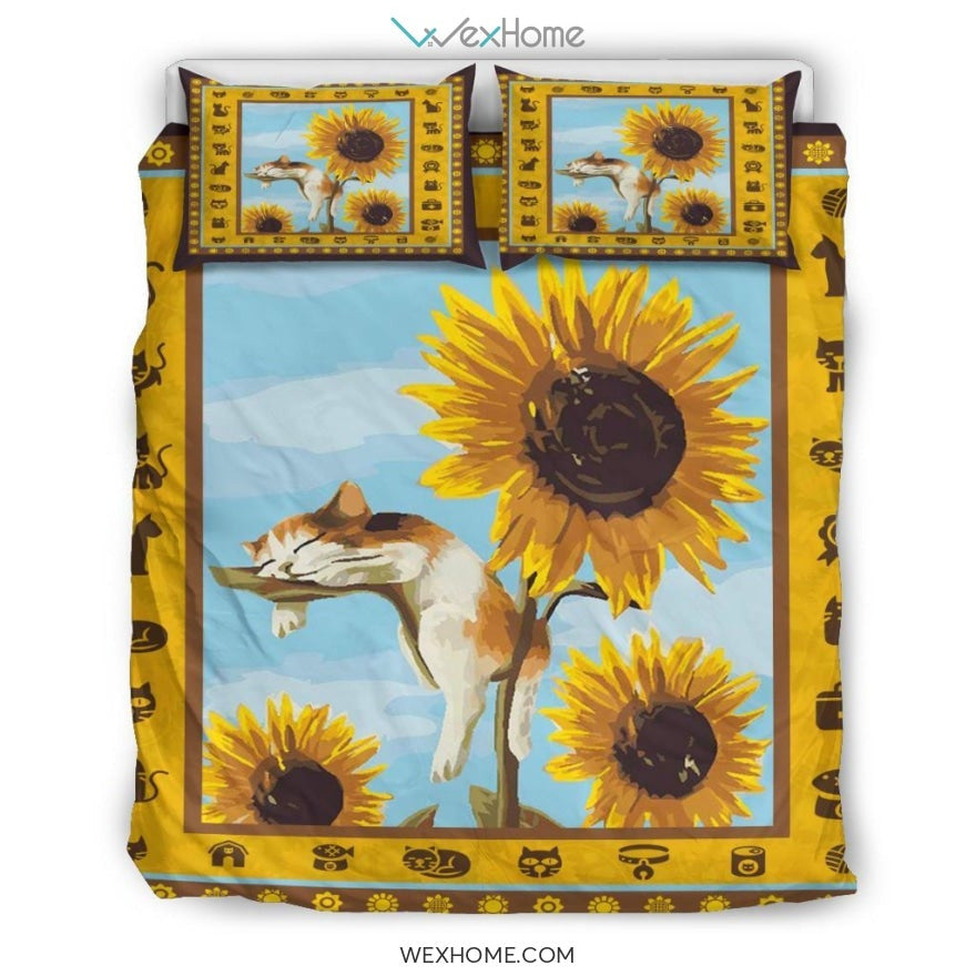 Sleeping Cat & Sunflower Bedding - Duvet Cover And Pillowcase Set - Unique Design Amazing Gift