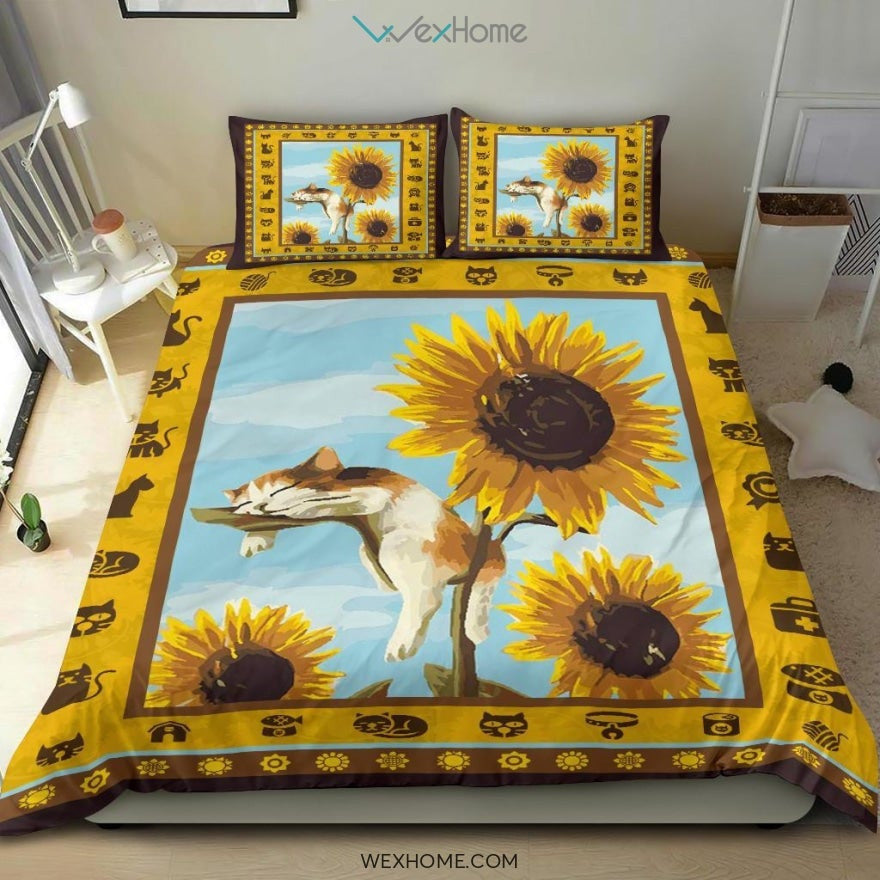 Sleeping Cat & Sunflower Bedding - Duvet Cover And Pillowcase Set - Unique Design Amazing Gift