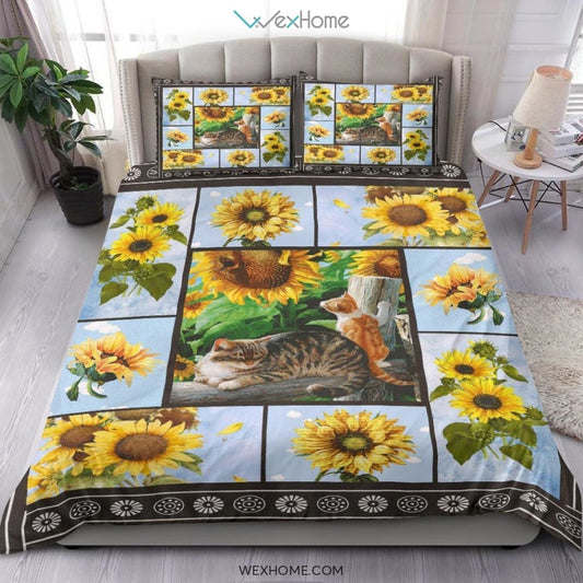 Cat & Sunflower Bedding - Duvet Cover And Pillowcase Set - Unique Design Amazing Gift
