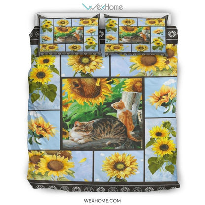 Cat & Sunflower Bedding - Duvet Cover And Pillowcase Set - Unique Design Amazing Gift