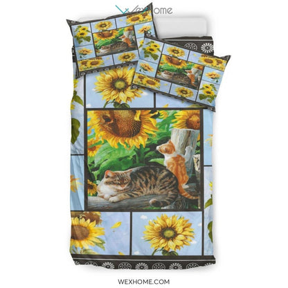 Cat & Sunflower Bedding - Duvet Cover And Pillowcase Set - Unique Design Amazing Gift