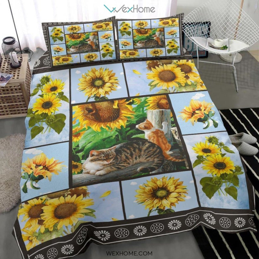 Cat & Sunflower Bedding - Duvet Cover And Pillowcase Set - Unique Design Amazing Gift