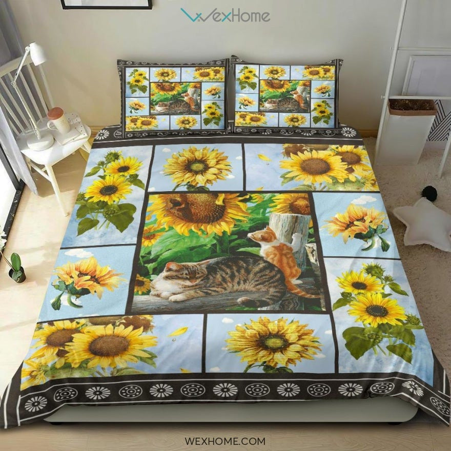 Cat & Sunflower Bedding - Duvet Cover And Pillowcase Set - Unique Design Amazing Gift