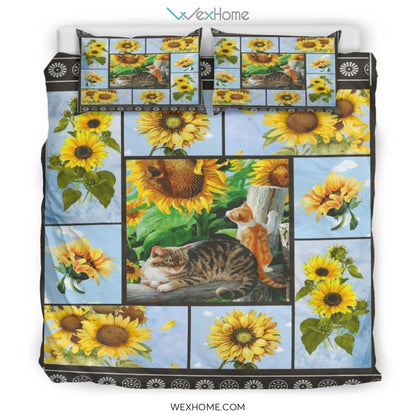 Cat & Sunflower Bedding - Duvet Cover And Pillowcase Set - Unique Design Amazing Gift