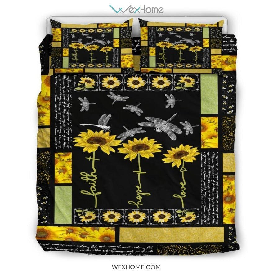 Dragonfly Sunflower Quilt Bedding - Duvet Cover And Pillowcase Set - Unique Design Amazing Gift