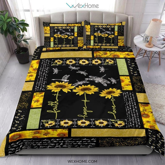 Dragonfly Sunflower Quilt Bedding - Duvet Cover And Pillowcase Set - Unique Design Amazing Gift