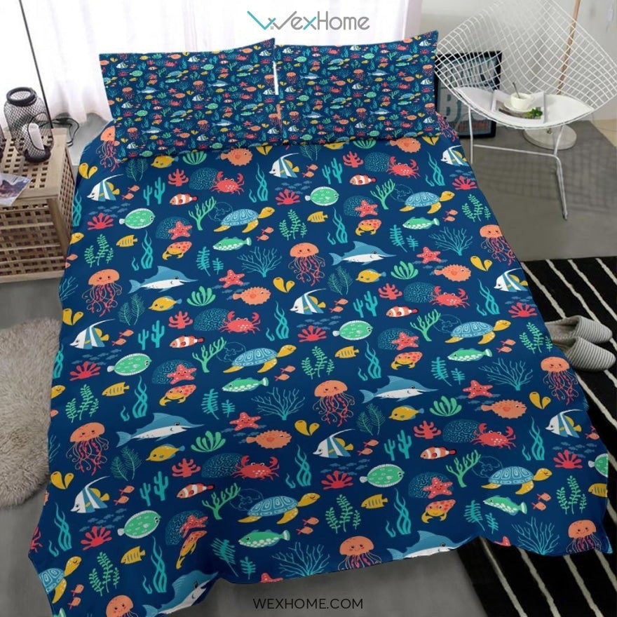 Ocean Pattern Quilt Bedding - Duvet Cover And Pillowcase Set - Unique Design Amazing Gift