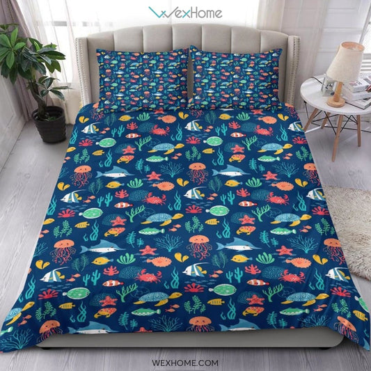 Ocean Pattern Quilt Bedding - Duvet Cover And Pillowcase Set - Unique Design Amazing Gift