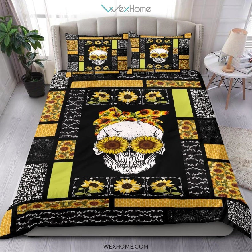 Skull Sunflower Quilt Bedding - Duvet Cover And Pillowcase Set - Unique Design Amazing Gift