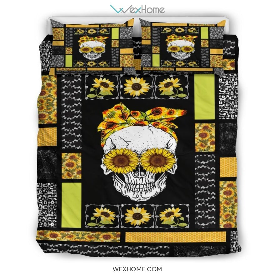 Skull Sunflower Quilt Bedding - Duvet Cover And Pillowcase Set - Unique Design Amazing Gift