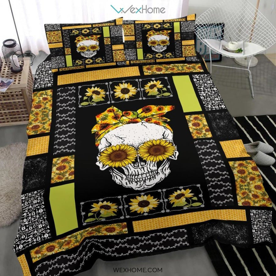 Skull Sunflower Quilt Bedding - Duvet Cover And Pillowcase Set - Unique Design Amazing Gift