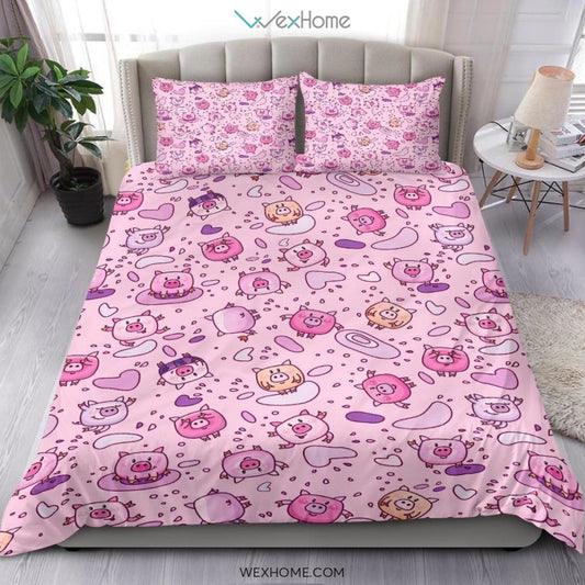 Cartoon Pig Pattern Bedding - Duvet Cover And Pillowcase Set - Unique Design Amazing Gift