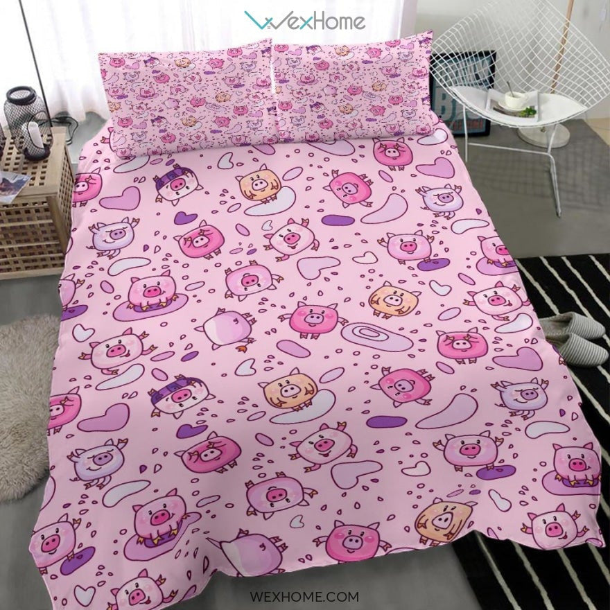 Cartoon Pig Pattern Bedding - Duvet Cover And Pillowcase Set - Unique Design Amazing Gift