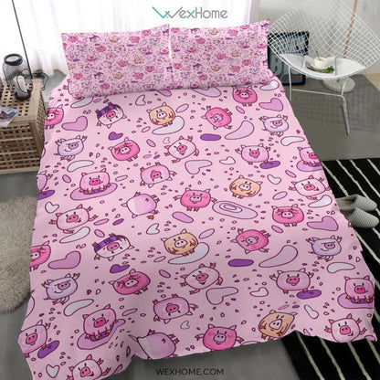 Cartoon Pig Pattern Bedding - Duvet Cover And Pillowcase Set - Unique Design Amazing Gift