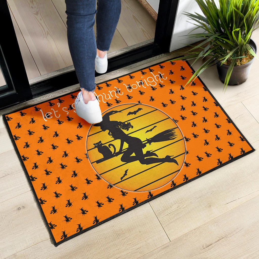 Halloween Door Mat | Witch On Broom And Cat Silhouette Patterns Door Mat Home Decor