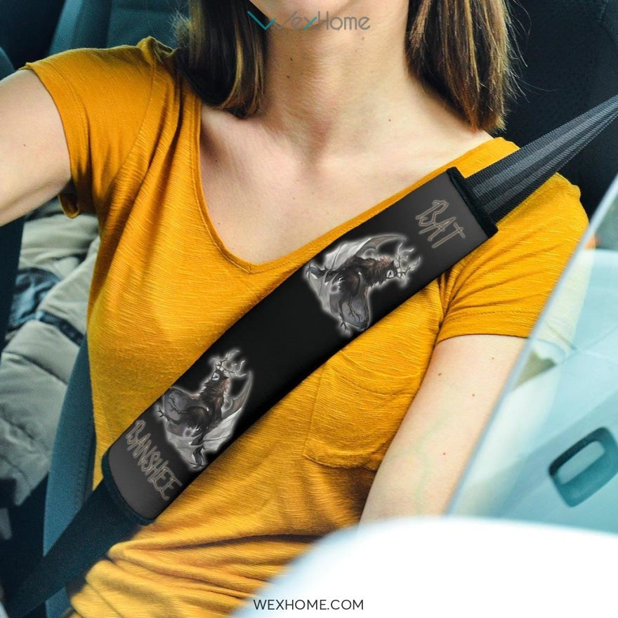 Horror Movie Seat Belt Covers | Bat Banshee Animal With Deer Antlers Artwork Belt Covers