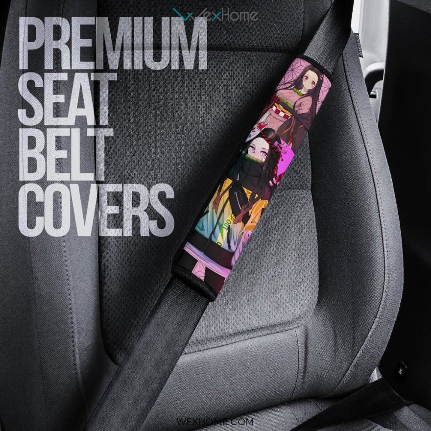 Demon Slayer Anime Seat Belt Covers | Nezuko Pretty Girl Moments Pink Background Belt Covers