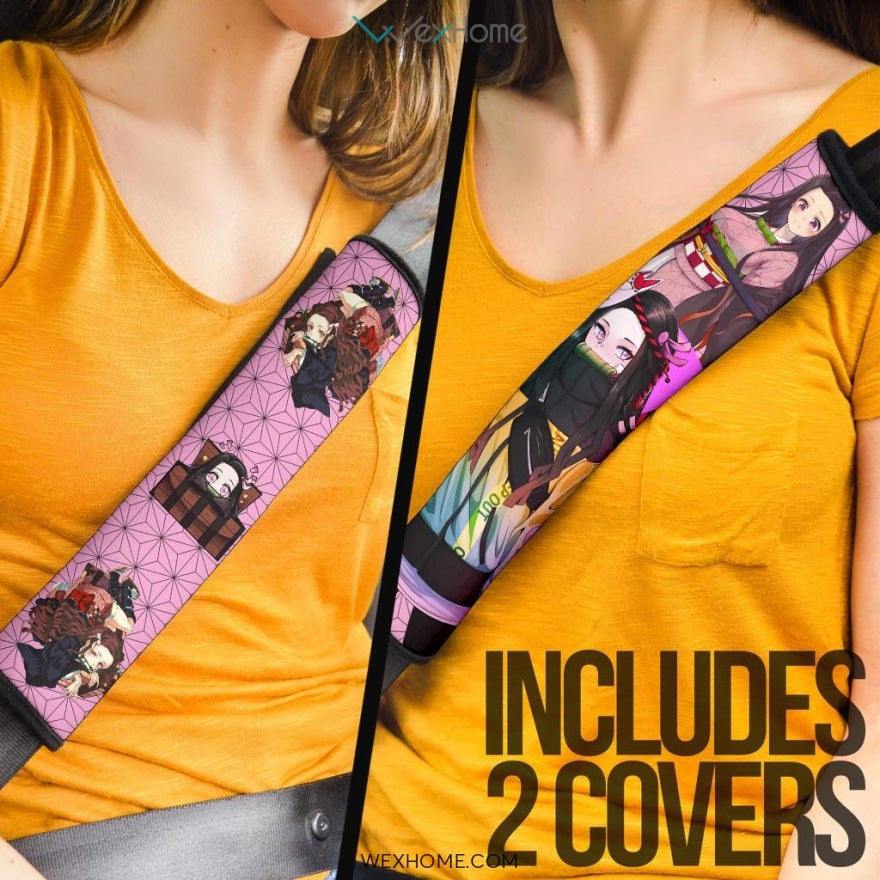 Demon Slayer Anime Seat Belt Covers | Nezuko Pretty Girl Moments Pink Background Belt Covers