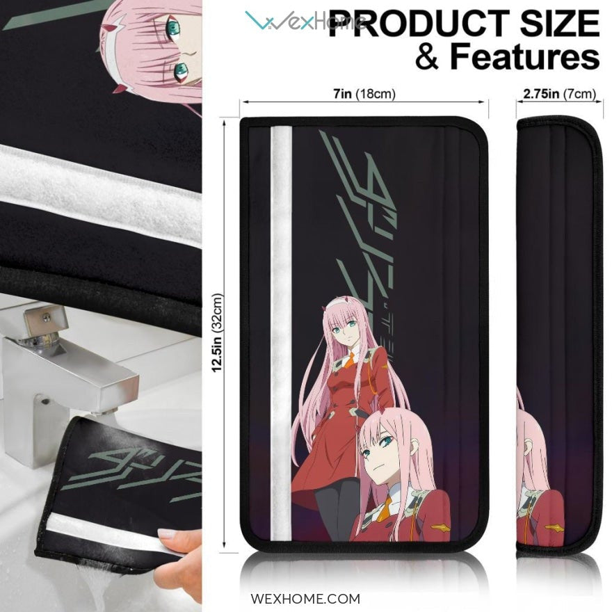 Darling In The Franxx Anime Seat Belt Covers | Zero Two 002 With Strelitzia Darling Black Belt Covers