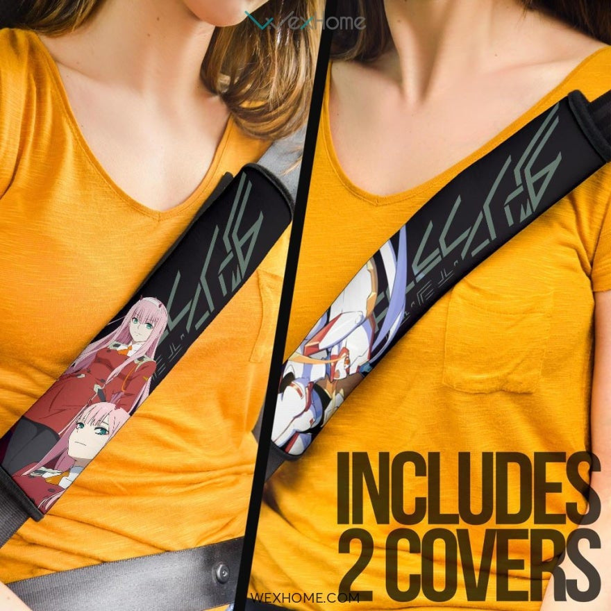 Darling In The Franxx Anime Seat Belt Covers | Zero Two 002 With Strelitzia Darling Black Belt Covers