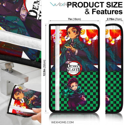 Demon Slayer Anime Seat Belt Covers | Cool Tanjiro Festival Checker Background Belt Covers