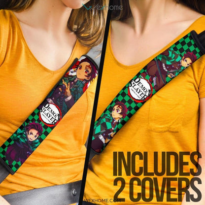 Demon Slayer Anime Seat Belt Covers | Cool Tanjiro Festival Checker Background Belt Covers