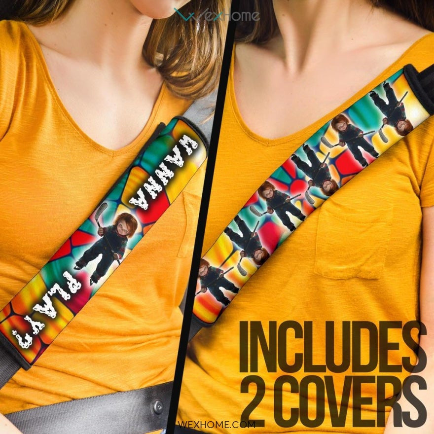 Horror Movie Seat Belt Covers | Chucky Wanna Play Mosaic Glass Belt Covers
