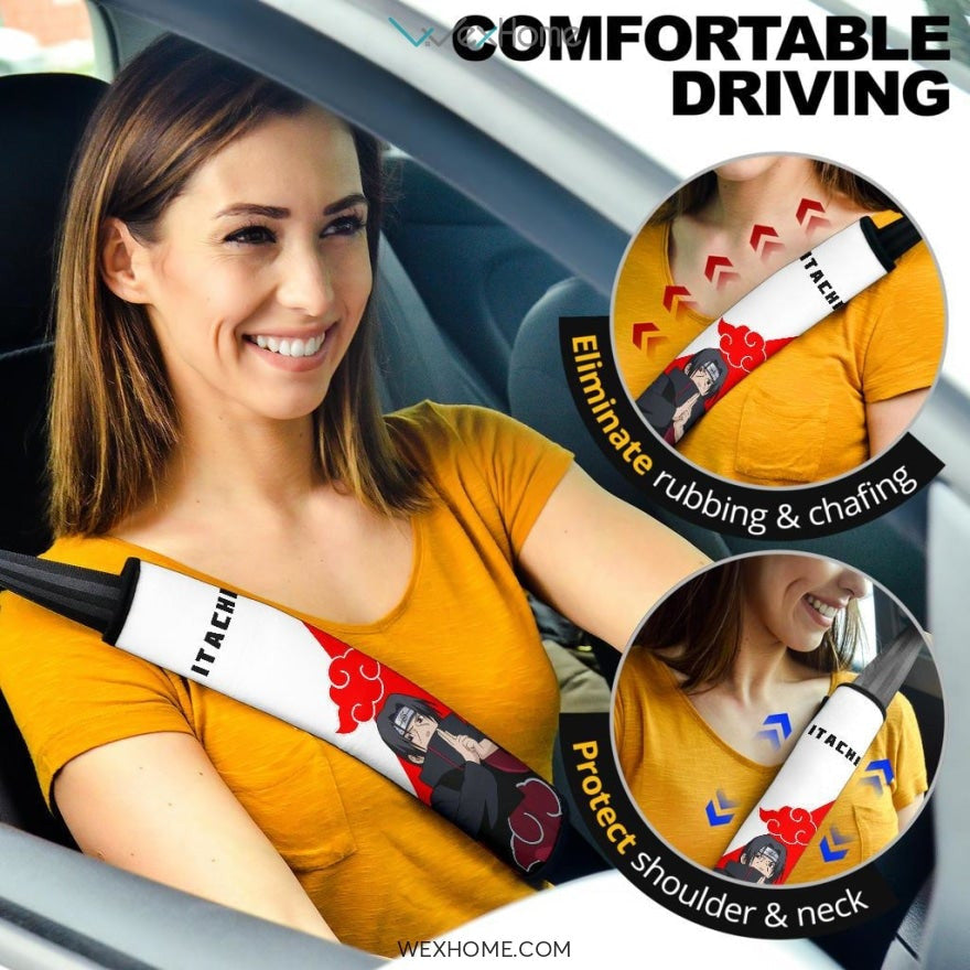 Naruto Anime Seat Belt Covers | Itachi Ninjutsu Akatsuki Cloud Red And White Belt Covers