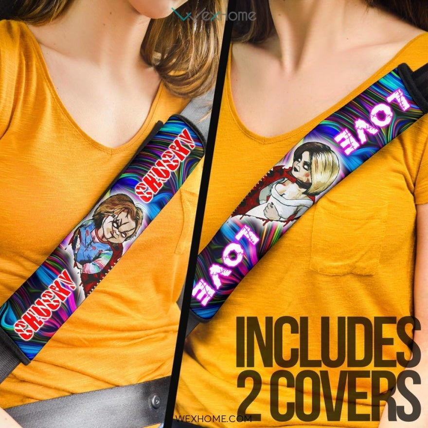 Horror Movie Seat Belt Covers | Chucky And Tiffany Love Bloody Heart Belt Covers