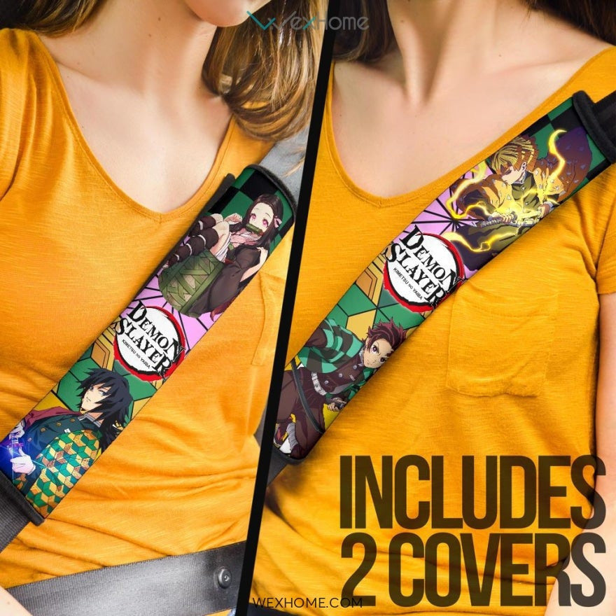 Demon Slayer Anime Seat Belt Covers | Tanjiro Nezuko Zenitsu And Giyuu Unique Background Belt Covers