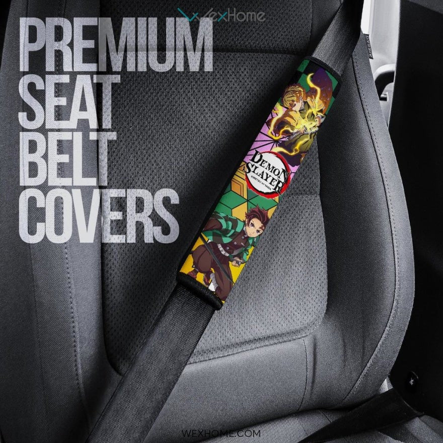 Demon Slayer Anime Seat Belt Covers | Tanjiro Nezuko Zenitsu And Giyuu Unique Background Belt Covers