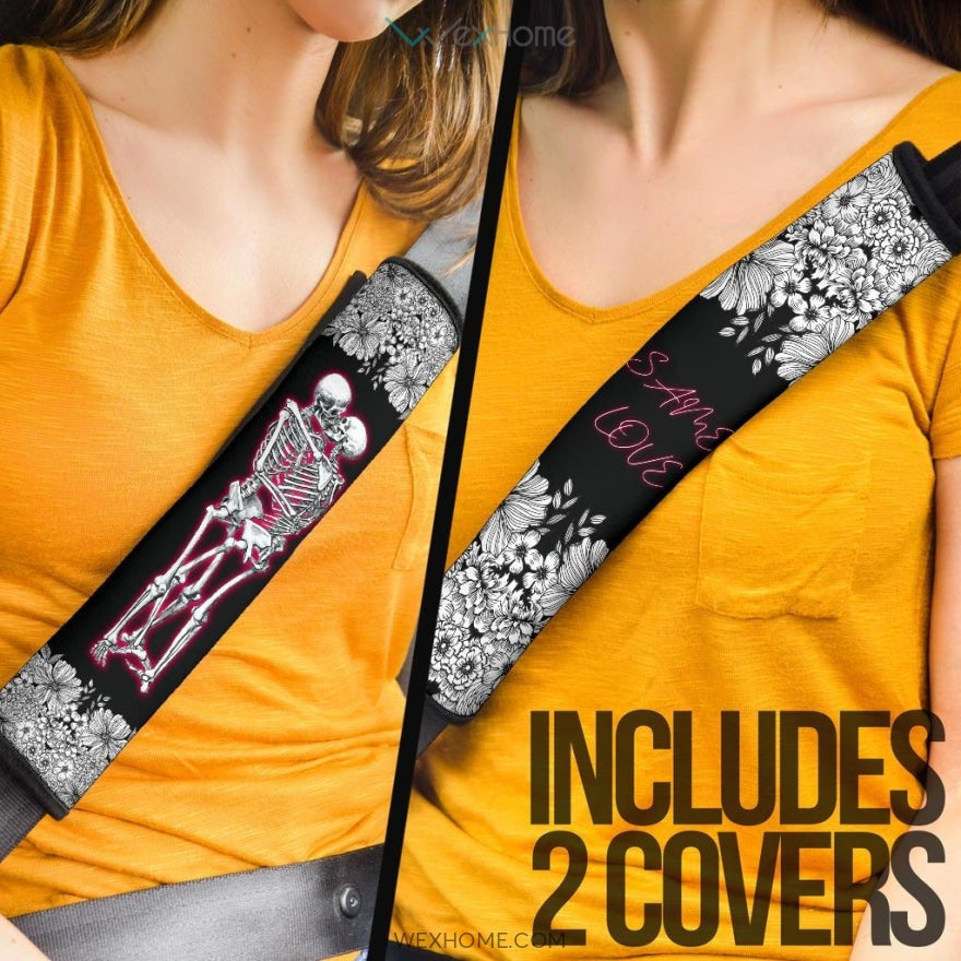 Same Love Skeleton Hug Flower Garden Black White Seat Belt Covers