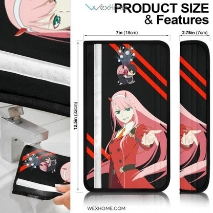 Darling In The Franxx Anime Seat Belt Covers | Zero Two Text Cool Girl Chibi Hug Hiro Belt Covers