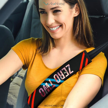 Darling In The Franxx Anime Seat Belt Covers | Zero Two Text Cool Girl Chibi Hug Hiro Belt Covers