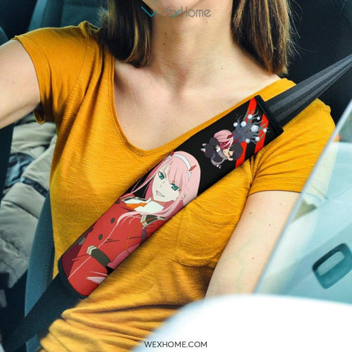 Darling In The Franxx Anime Seat Belt Covers | Zero Two Text Cool Girl Chibi Hug Hiro Belt Covers