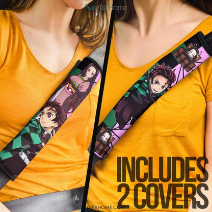 Demon Slayer Anime Seat Belt Covers | Tanjiro And Nezuko Checker And Pink Background Belt Covers