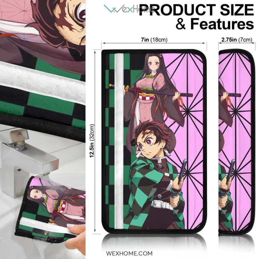Demon Slayer Anime Seat Belt Covers | Tanjiro And Nezuko Checker And Pink Background Belt Covers