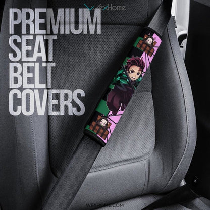 Demon Slayer Anime Seat Belt Covers | Tanjiro And Nezuko Checker And Pink Background Belt Covers