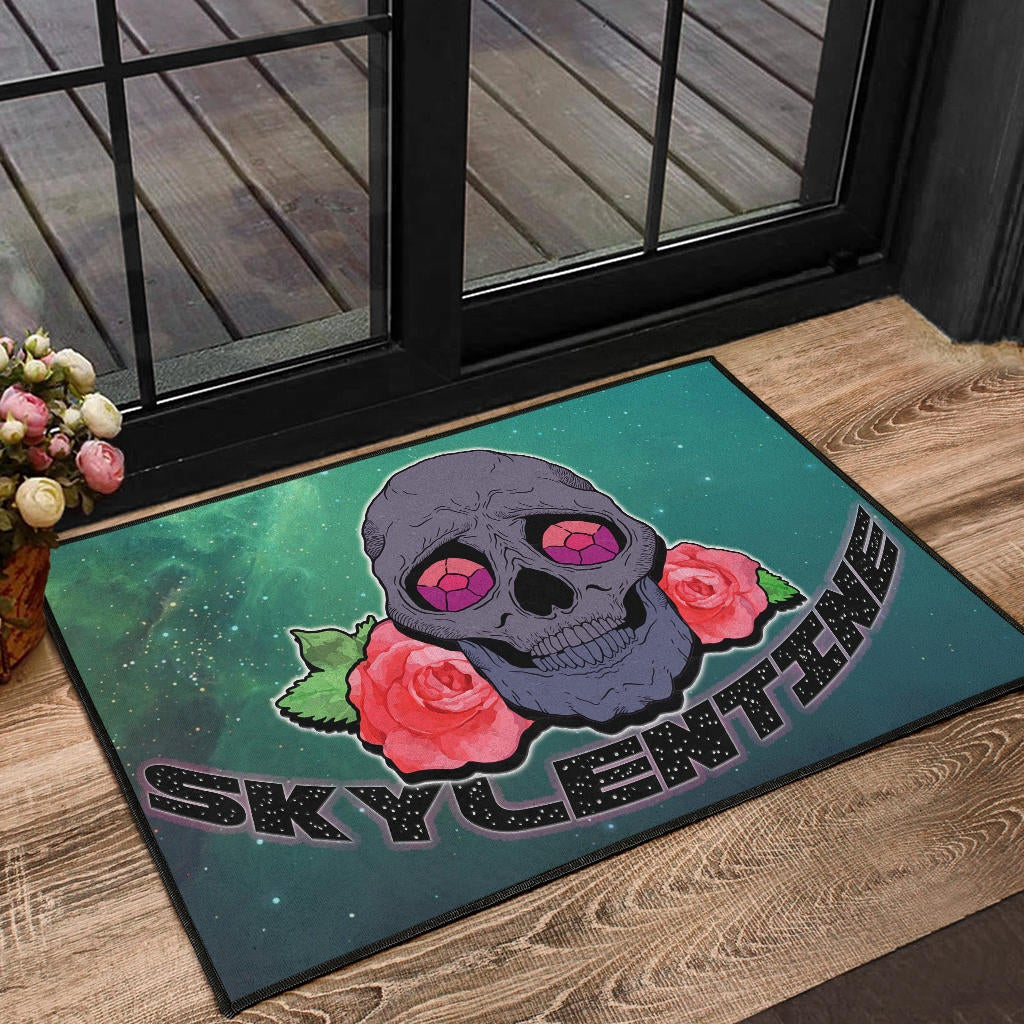 Valentine Door Mat - Skull With Roses Green Galaxy Sky Skylentine Door Mat Home Decor