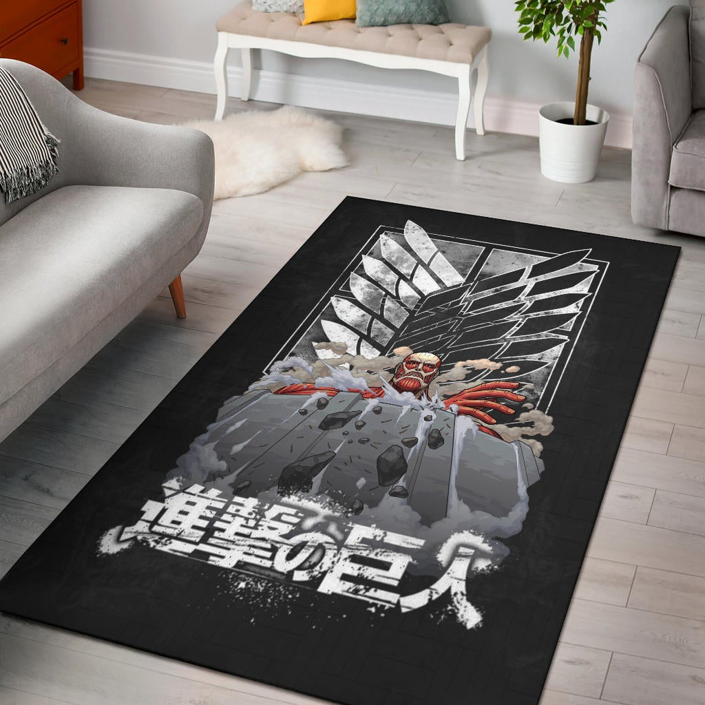 Attack On Titan Anime Area Rug - Colossal Titan Wrecking Wall Wings Of Freedom Symbol Rugs Home Decor