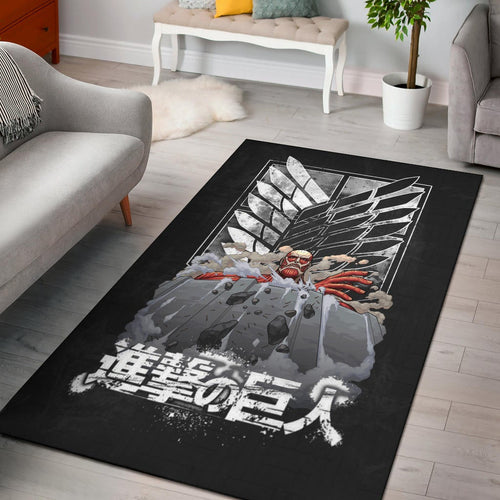 Attack On Titan Anime Area Rug - Colossal Titan Wrecking Wall Wings Of Freedom Symbol Rugs Home Decor